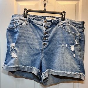 Torrid High Waisted Distressed Denim Jeans Shorts Dark Wash with Button Detail